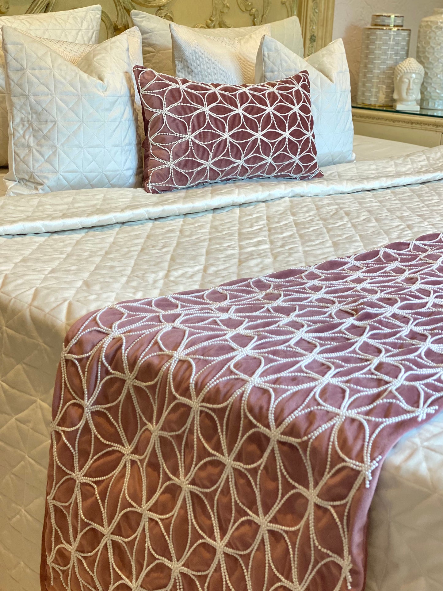 ROSE PINK PEARL BED RUNNER & LUMBAR (WITH INSERT)