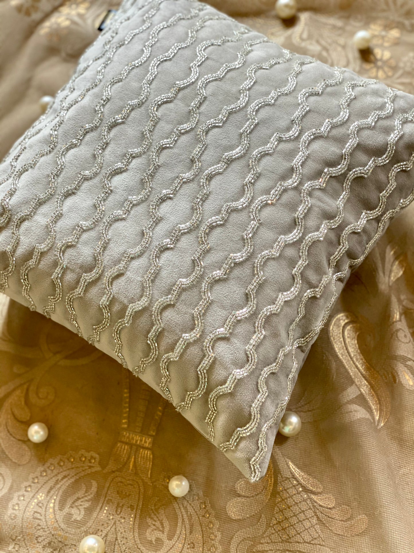 THE LIGHT GREY GLASS BEAD ACCENT CUSHION COVER