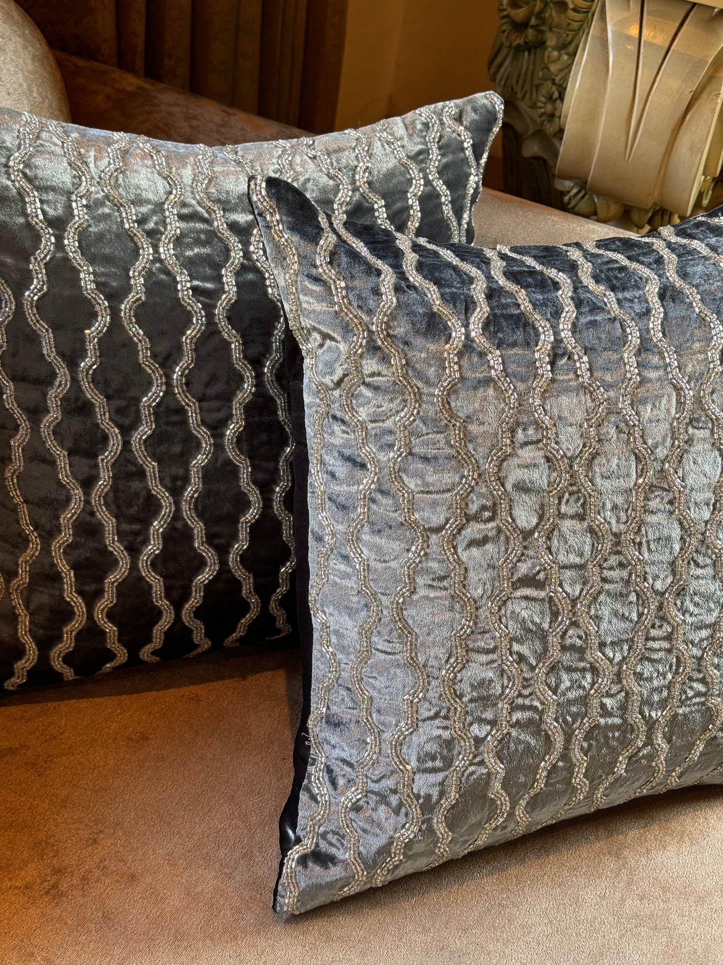 THE GREY VELVET BEAD CUSHION