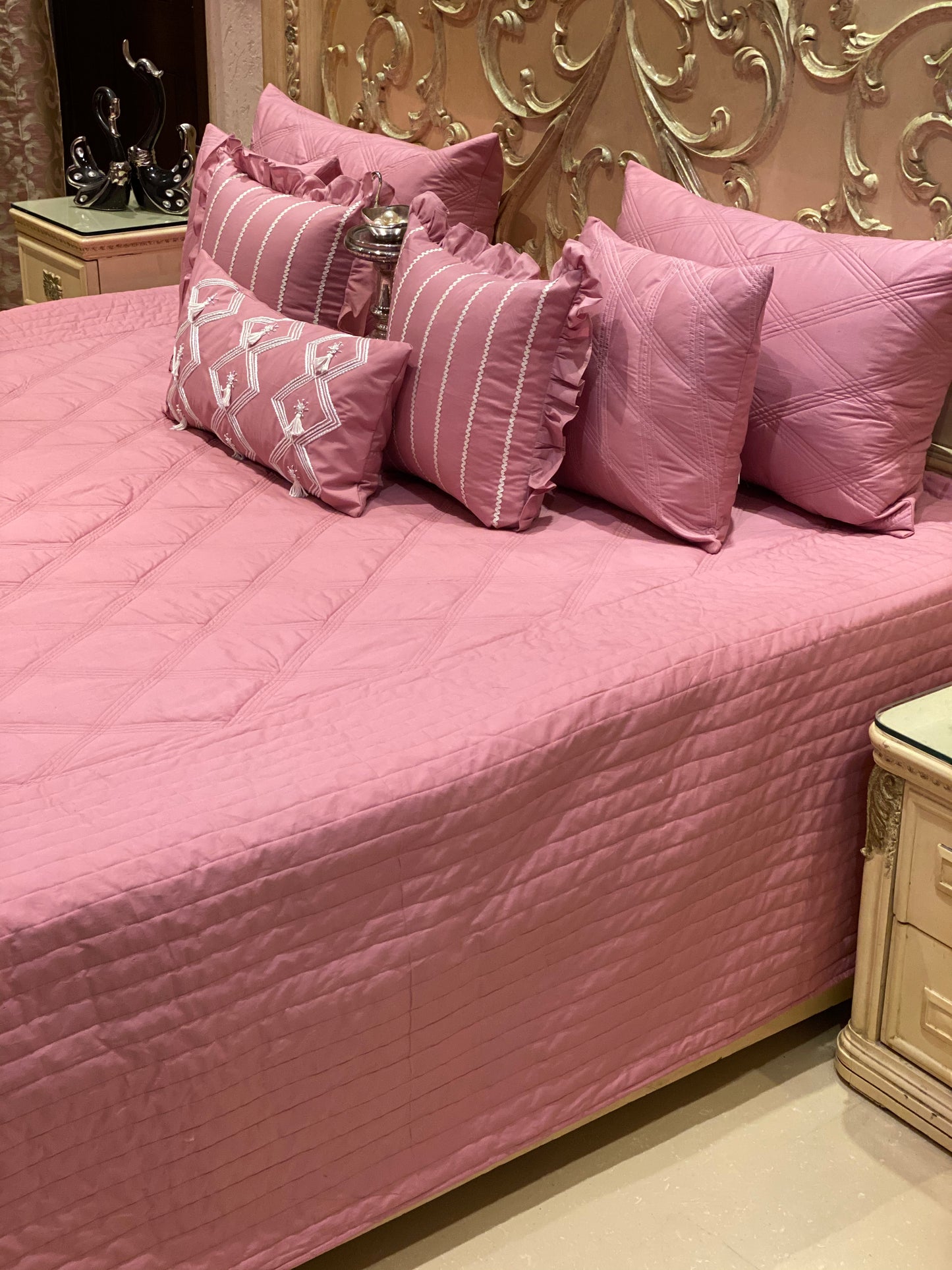 Pink PARIS Pure Cotton Quilted Bedding Set (Set of 8)