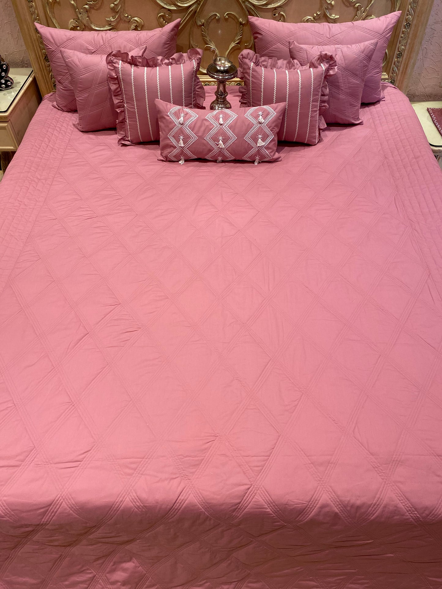 Pink PARIS Pure Cotton Quilted Bedding Set (Set of 8)