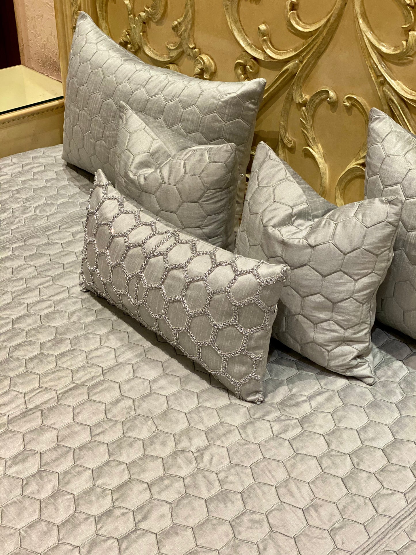 Grey HoneyComb Quilted Bedding Set